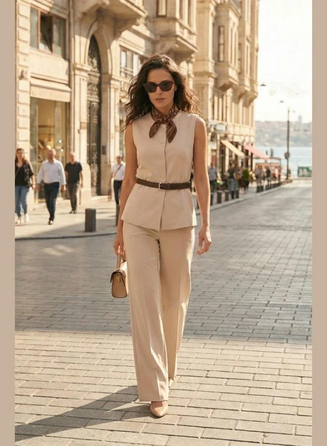 ليلا Lela Regular Fit Button Belt Detail Vest Suit Women's SET 6928891